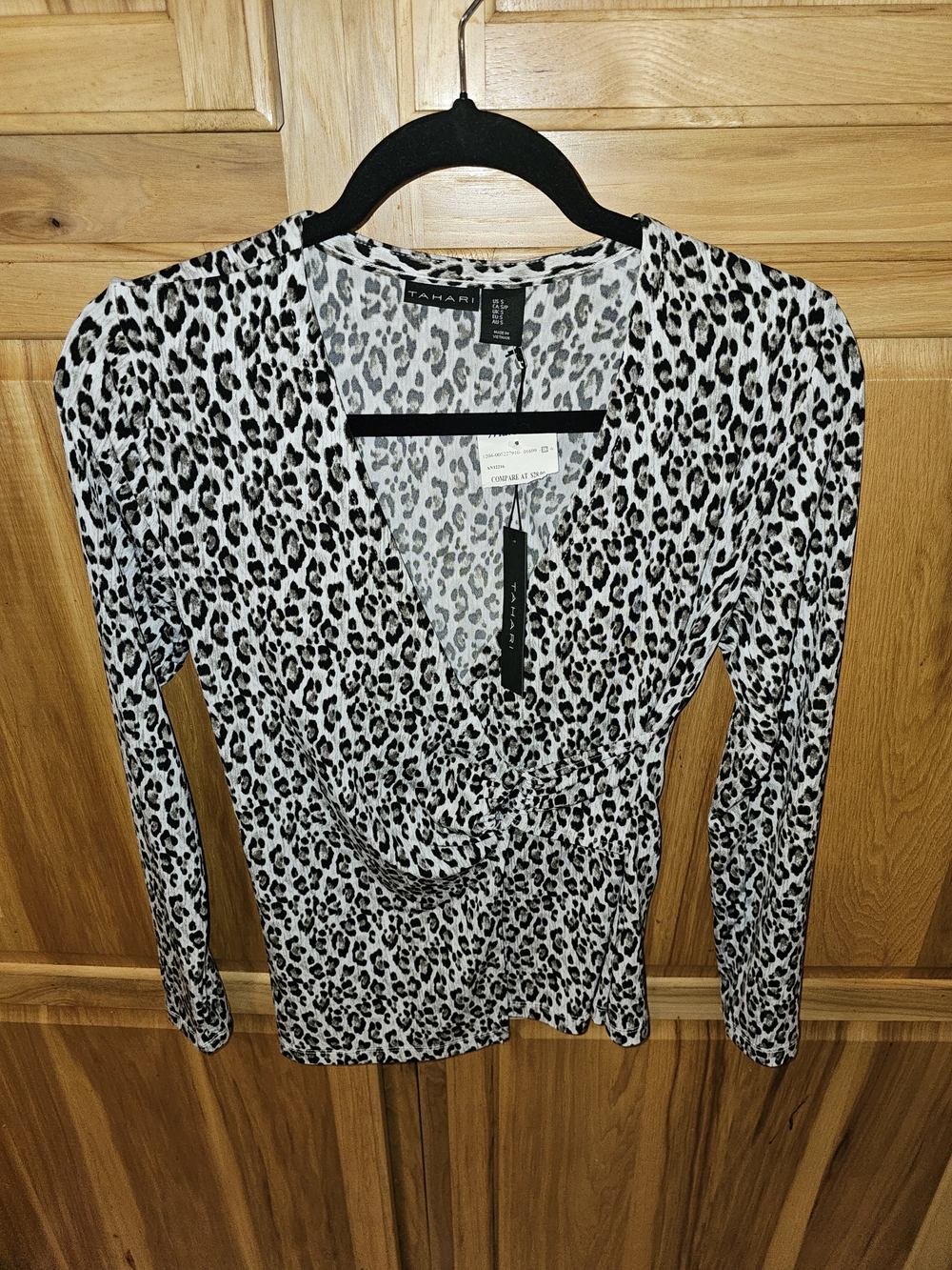 Tahari Black and White Leopard-Print Wrap Blouse